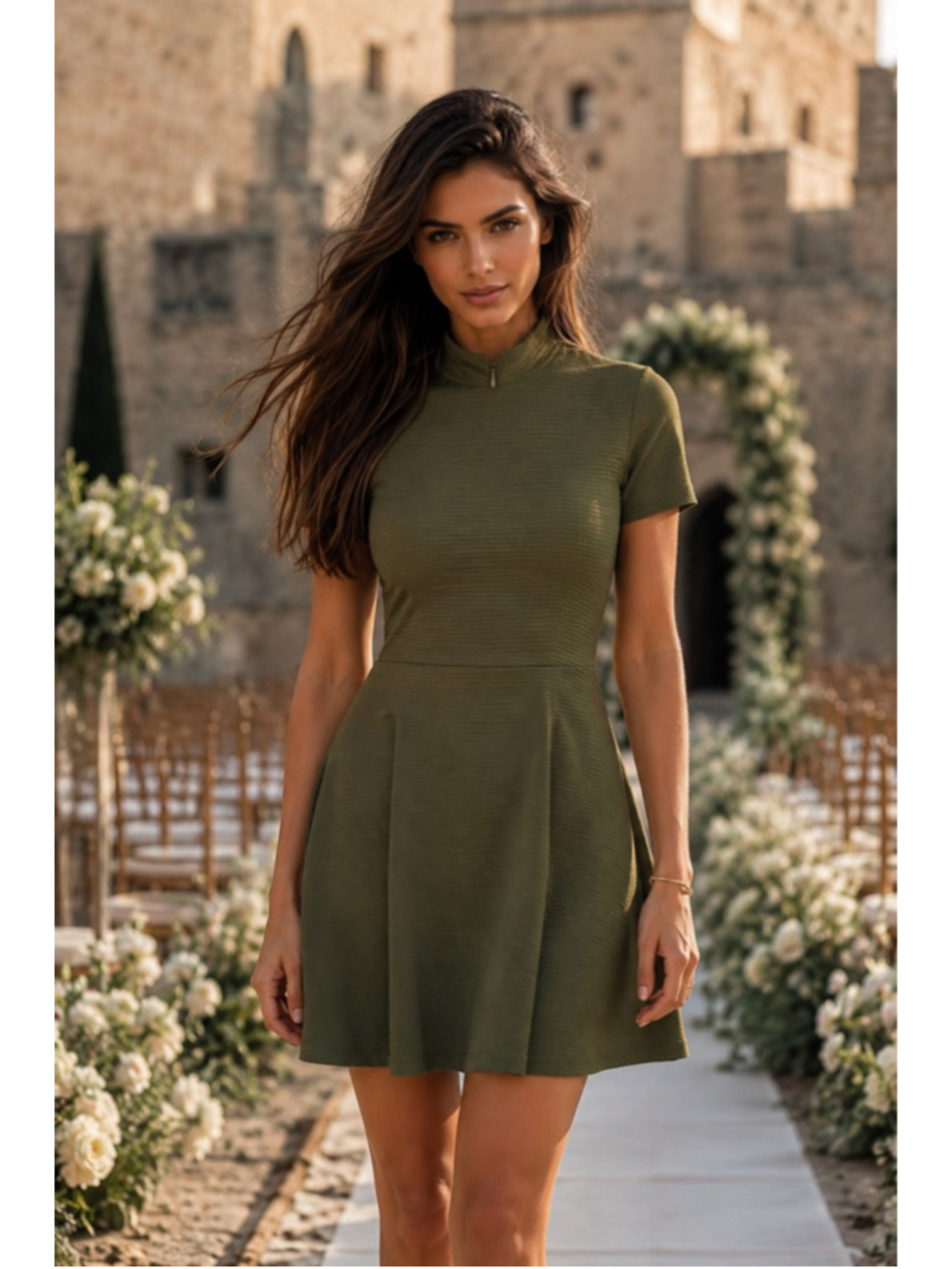 Hutch Mock Neck Mini Dress Olive Green Quiet Luxury Minimalist XS Parisian Boho